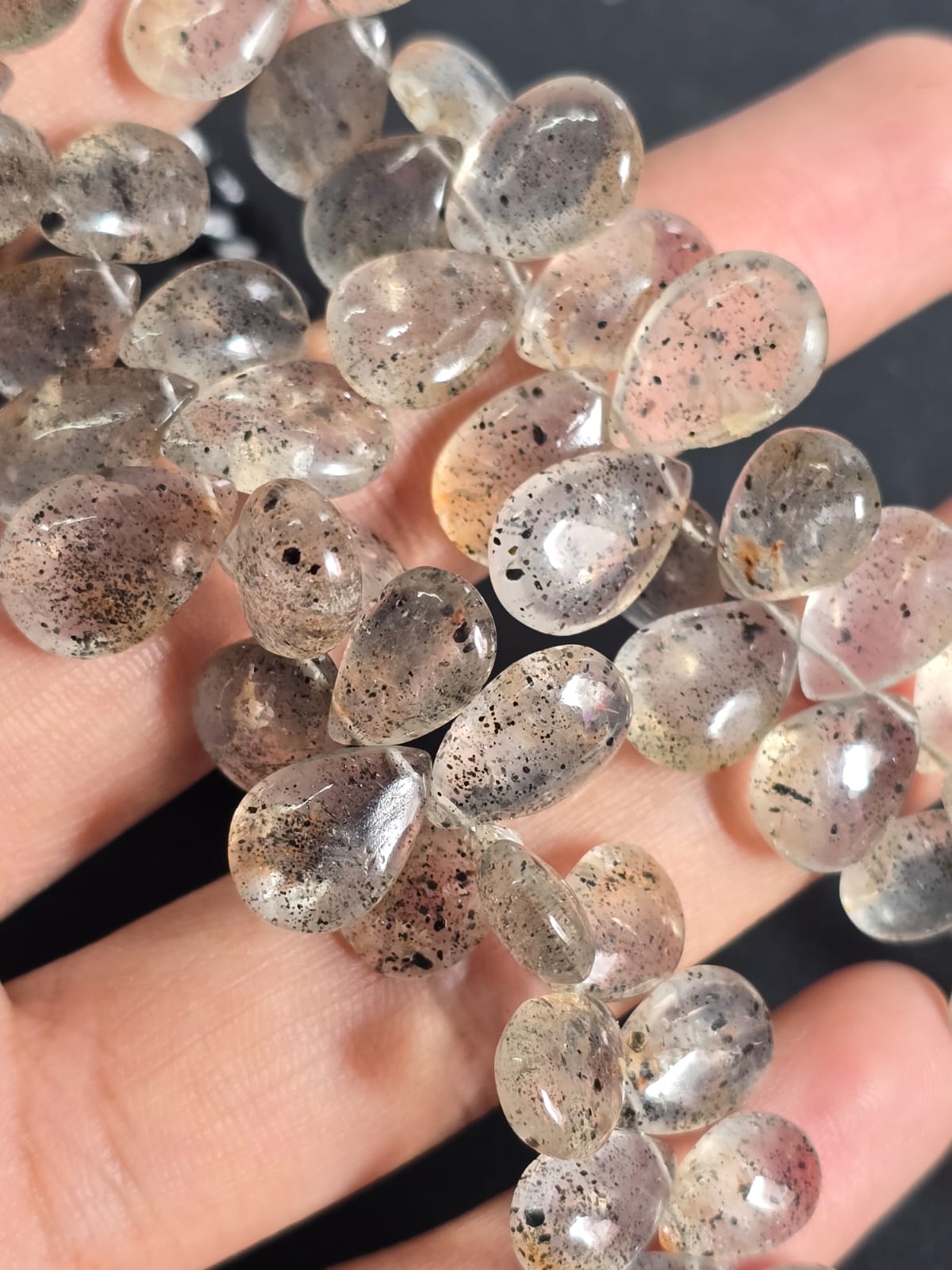 AAA quality dotted rutile quartz pear beads, 10*8 to 14*10mm, 6", jewellery making beads, gemstone beads, natural stones